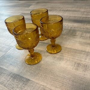 Set of 4 Indiana Glass Co Tiara Crystal Amber Sandwich Wine Glasses 4.25” Height